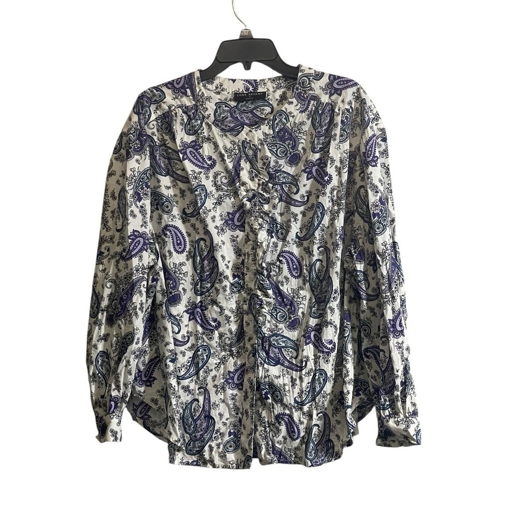 Lane Bryant Sz 18 Paisley Ruffle Button Down Blouse Purple Artsy Maximalist Boho